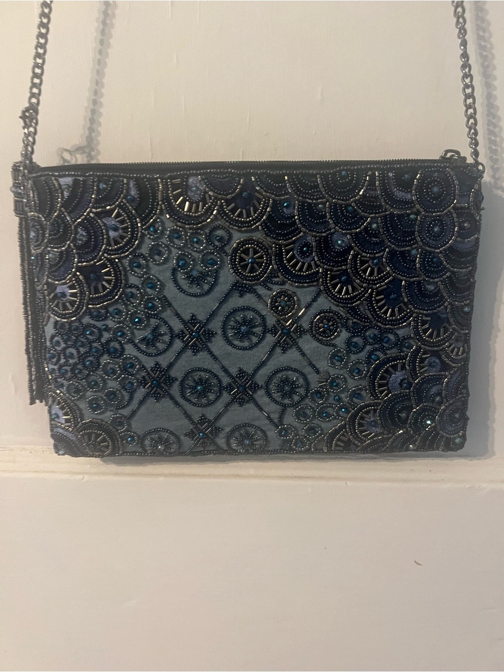 Mary Frances Embellished Blue Crossbody Bag with Chain Strap